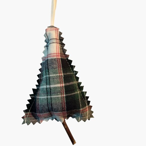 Plaid Christmas Tree Ornament white Black Fabric Ribbon Hanger Rustic Cabin - Picture 2 of 4